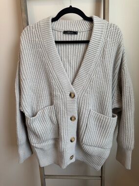 Deluc Cream Chunky Ribbed Button Cardigan with Front Pockets